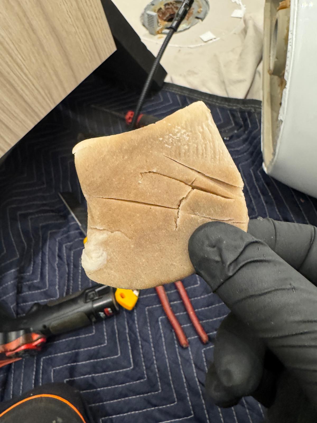 Gloved technician holding extracted cleaning sponge retrieved from toilet drain, drain cleaning in Coquitlam