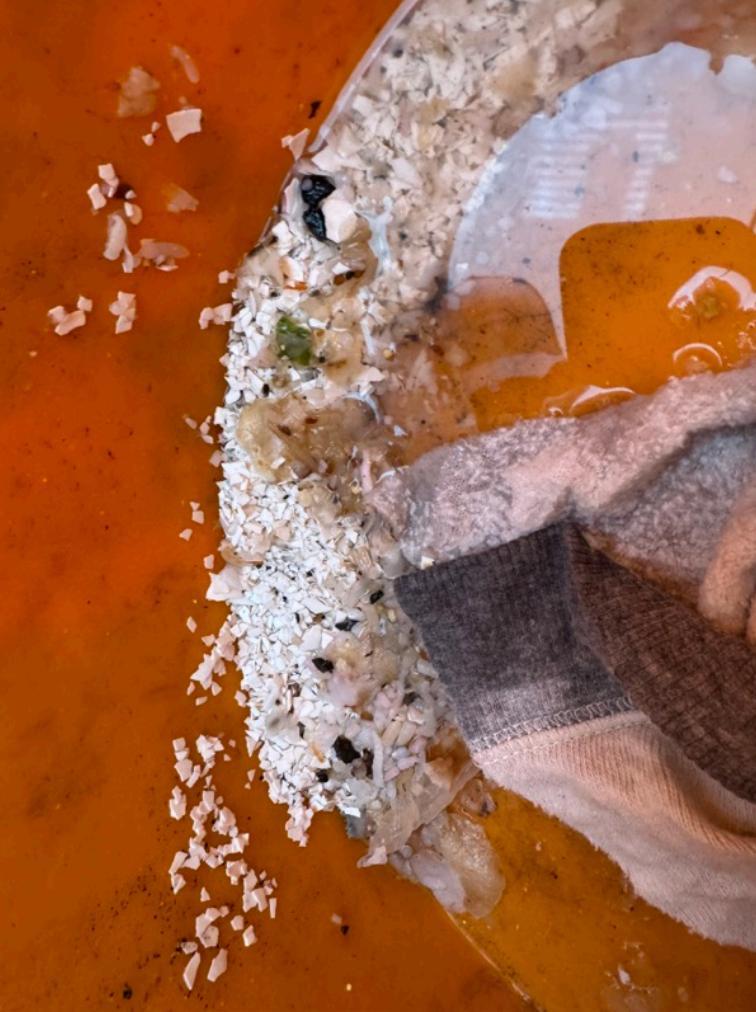 grease and food debris pulled from clogged drain - orange bucket close-up