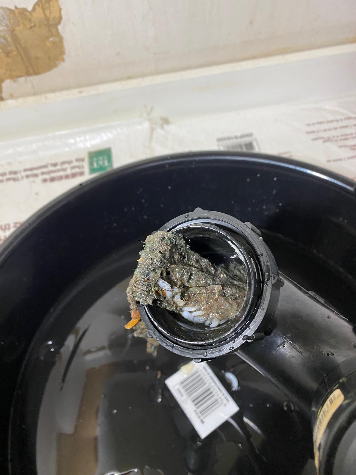 Removed P-trap showing debris and foreign objects over catch bucket, drain cleaning in Coquitlam