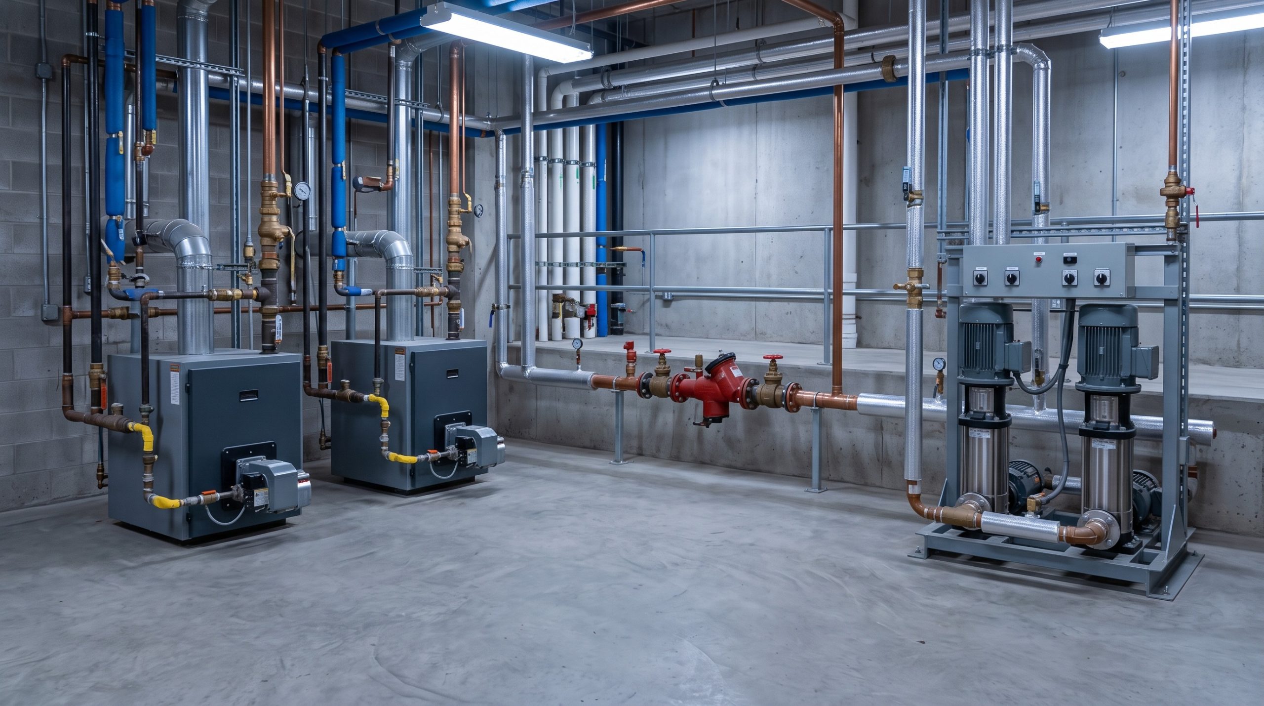 Commercial plumbing maintenance in a building mechanical room: gas boilers, a backflow prevention assembly and a booster pump set