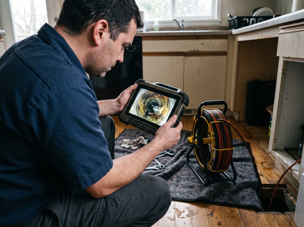 Drain cleaning Vancouver camera inspection, showing a technician viewing a grease blockage on a drain camera monitor