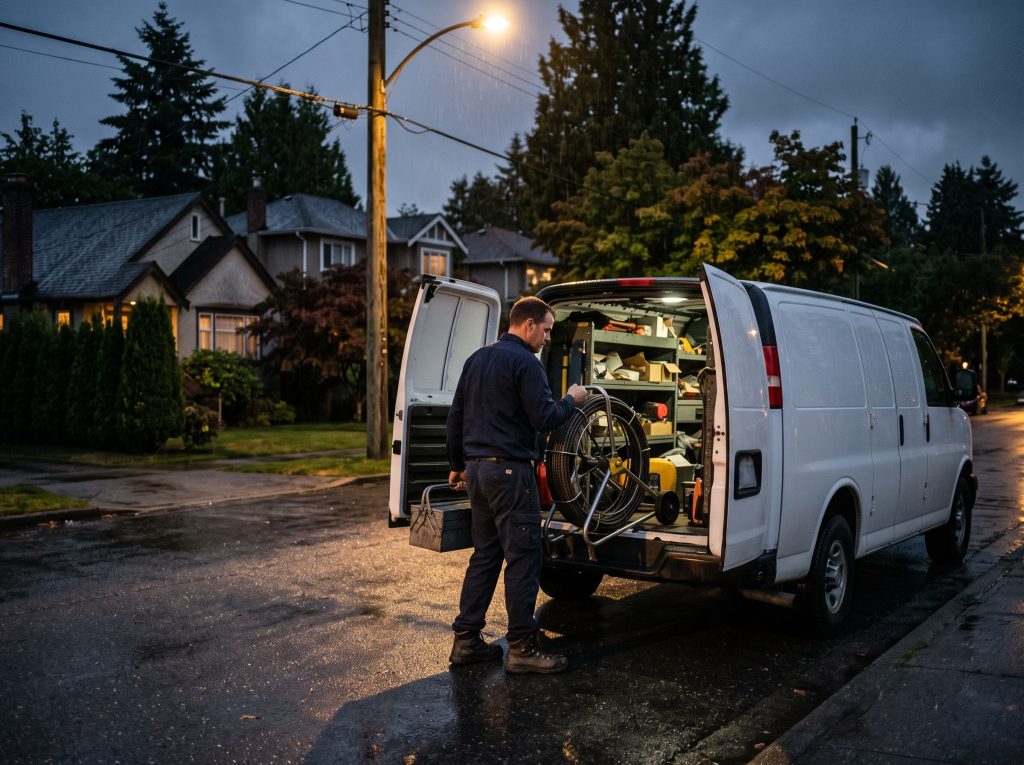 Emergency plumber Vancouver on-call technician loading a service van at night to respond to a plumbing emergency
