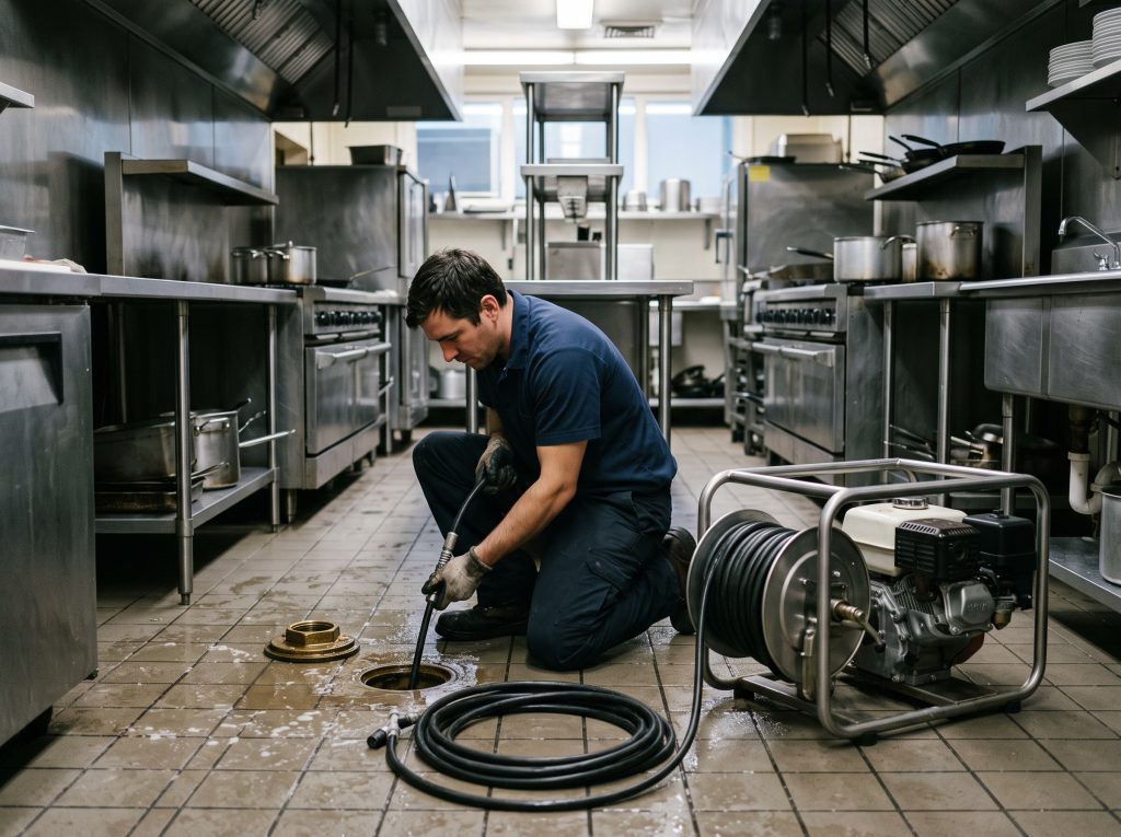 Hydro jetting in Vancouver: a plumber running a high-pressure jetter hose into a commercial kitchen drain cleanout