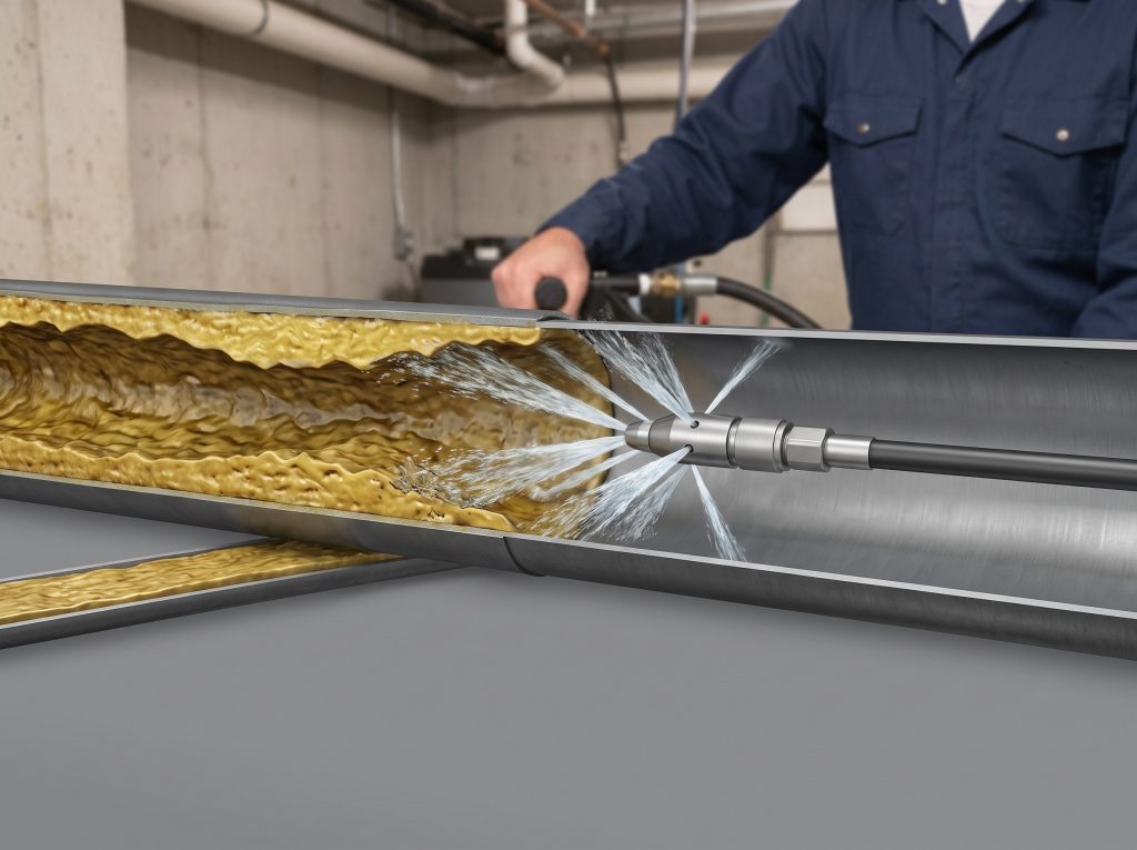 Hydro jetting cutaway: a hydro jetter nozzle spraying high-pressure water inside a drain pipe, scouring grease buildup off the pipe walls