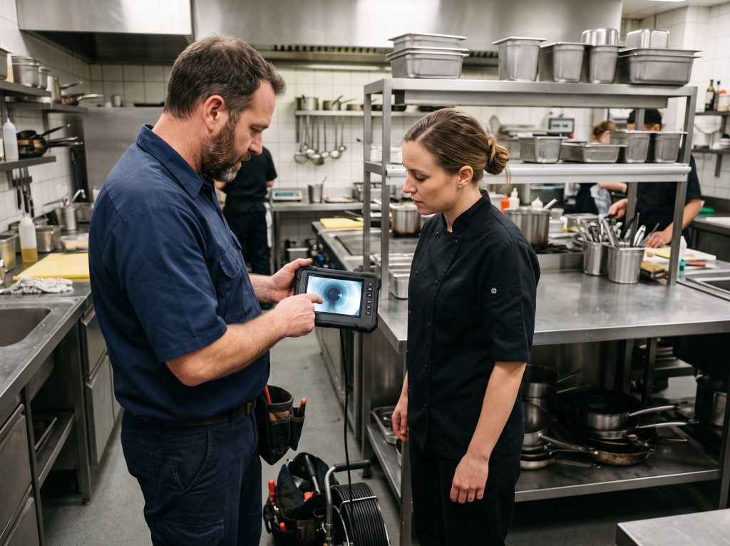 Hydro jetting Vancouver restaurant maintenance, showing a plumber reviewing drain camera footage with a kitchen manager