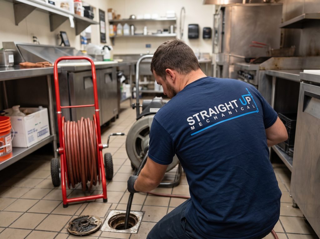 Plumber snaking a commercial kitchen floor drain with a hydro jetter ready for the next step, showing hydro jetting vs snaking