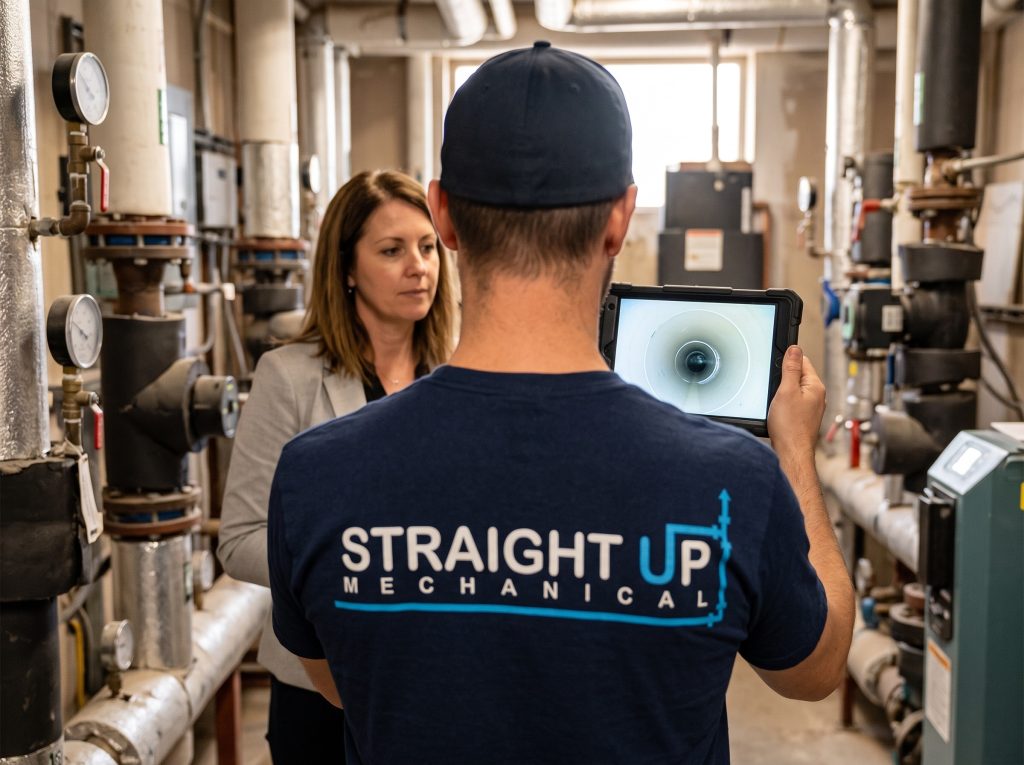 Hydro jetting Vancouver camera report: a Straight Up Mechanical plumber showing a property manager before-and-after drain camera footage on a tablet