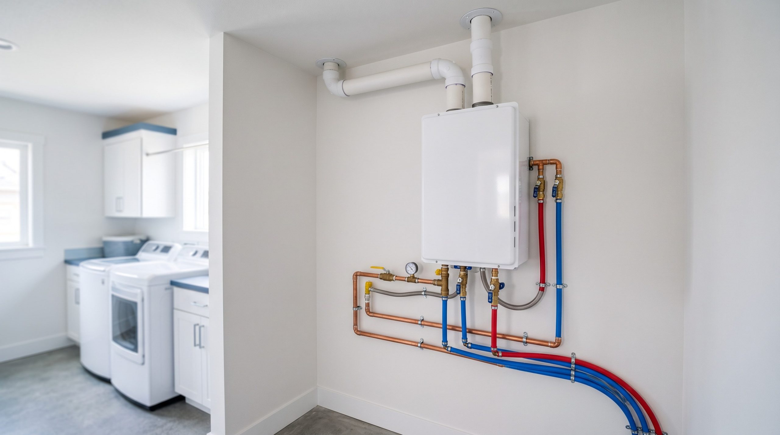 Wall-mounted tankless gas water heater with isolation valves and PVC venting, ready for annual tankless water heater maintenance