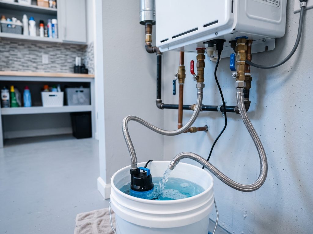 Tankless water heater maintenance: descaling pump and hoses connected to the unit's service valves