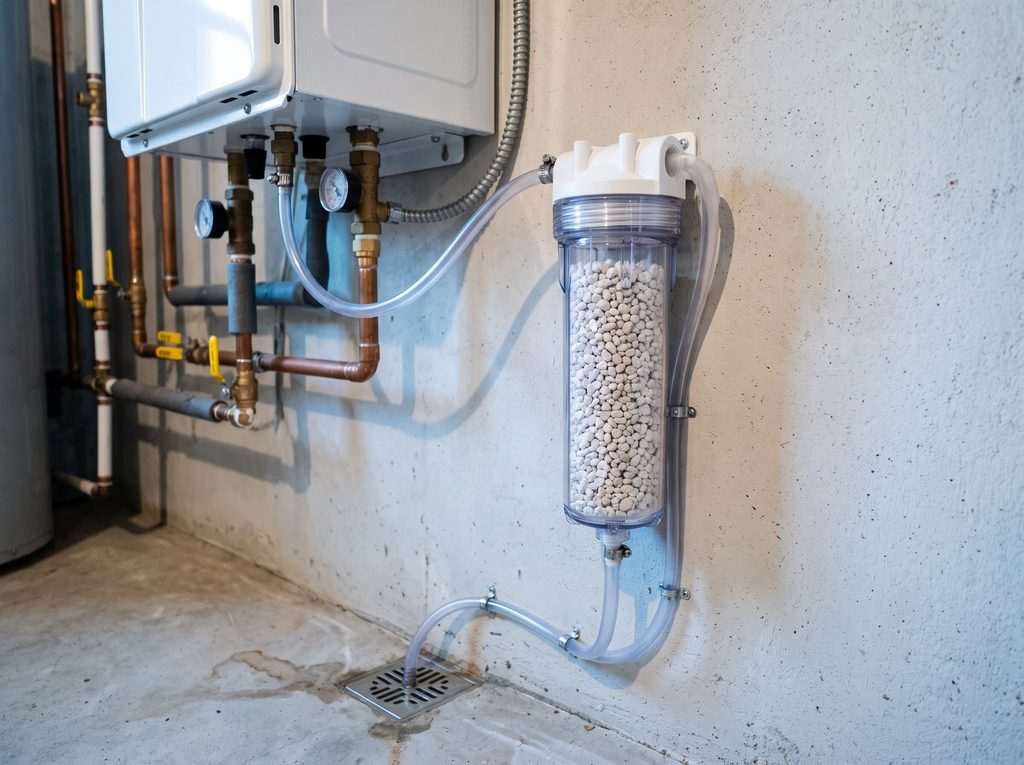 Condensate neutraliser filled with media beads beside a tankless water heater, draining to a floor drain