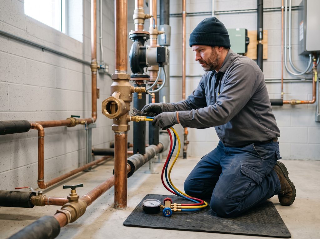 Certified tester doing backflow testing in Vancouver, with a test kit connected to a reduced pressure backflow assembly in a commercial mechanical room