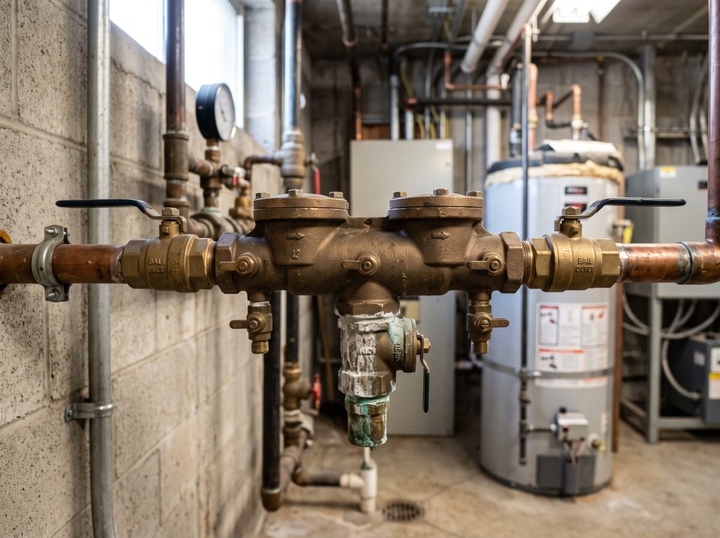 Reduced pressure backflow assembly with mineral scale around the relief valve, the device that most often fails backflow testing in Vancouver
