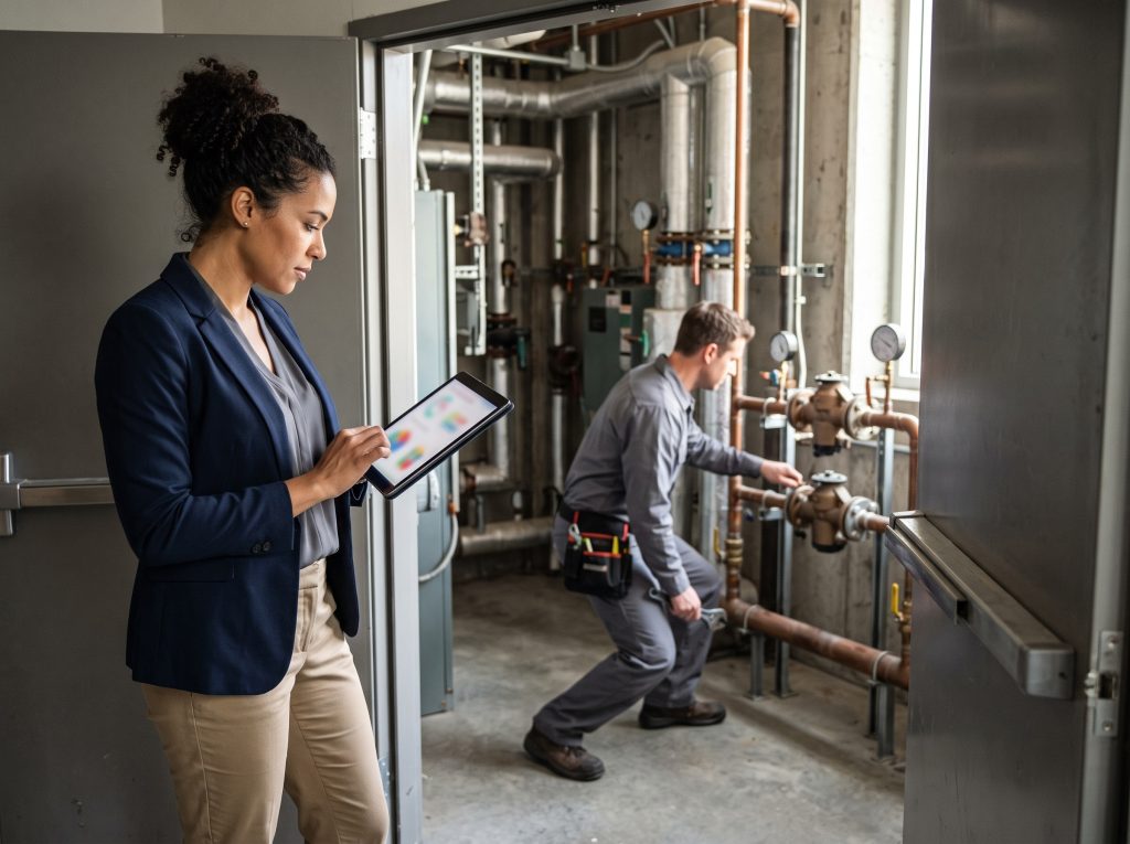Property manager reviewing backflow testing reports for a Vancouver building on a tablet beside the mechanical room