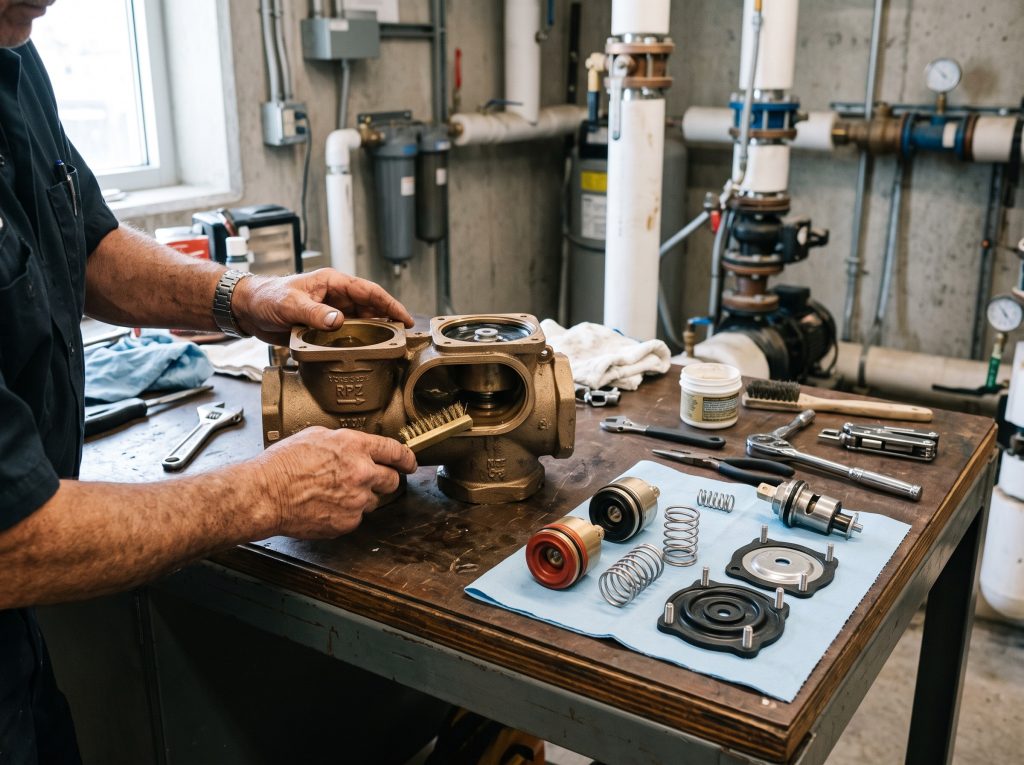 Backflow repair: a reduced pressure backflow assembly opened on a workbench with new check valves and a rebuild kit, after failing a backflow test