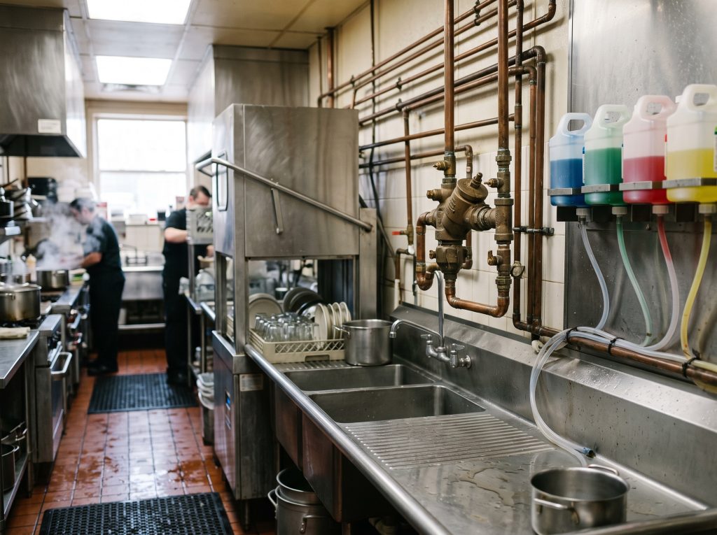 Backflow testing for Vancouver restaurants: a reduced pressure backflow assembly protecting the water line to a commercial dishwasher
