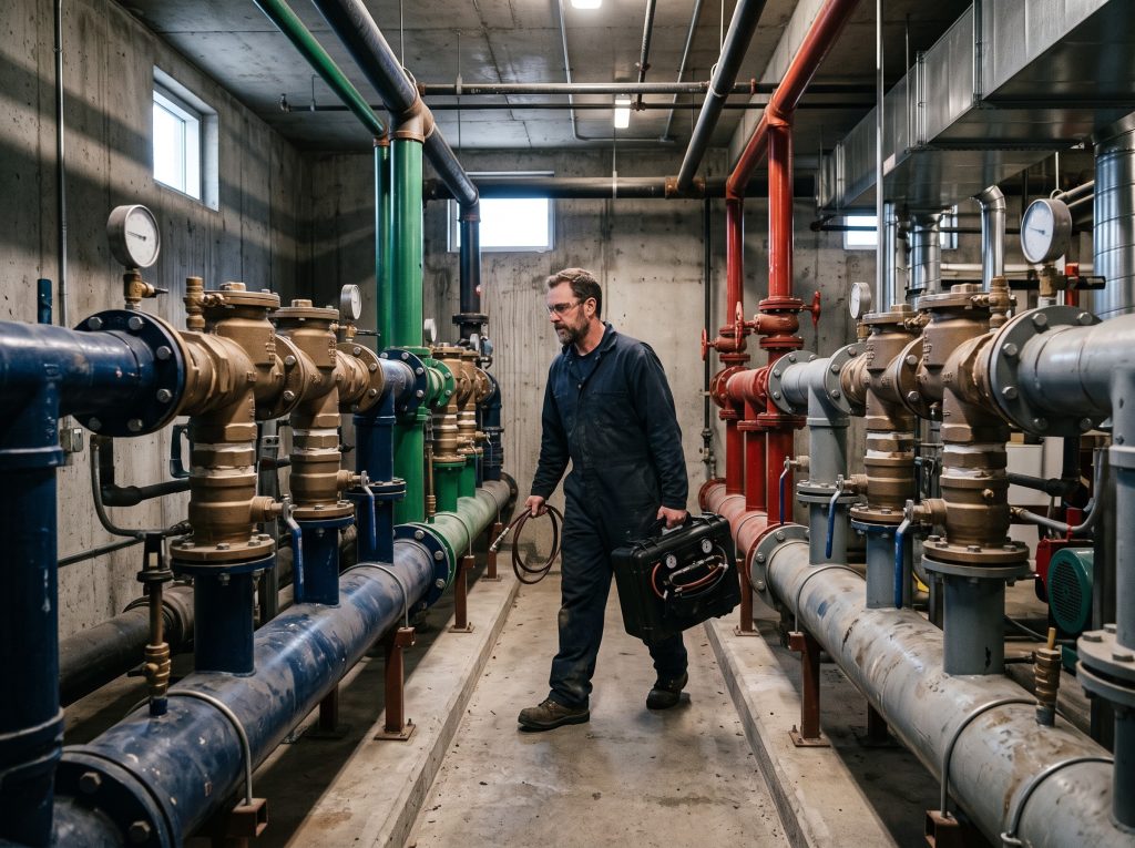 Backflow testing cost in Vancouver depends on the number of devices: a row of backflow prevention assemblies in a strata building mechanical room