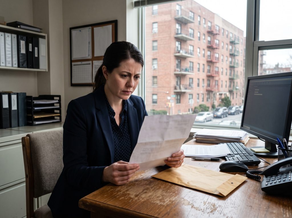 Property manager reviewing an official city notice about overdue backflow testing for a Vancouver building